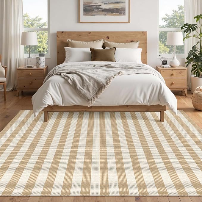 Rugalia Washable Woven 5x7 Area Rug, Natural Beige Striped Cotton Living Room Rugs Low Plie Non-Slip Outdoor Patio Rug, Modern Farmhouse Neutral Floor Carpet for Dining Room Bedroom Balcony