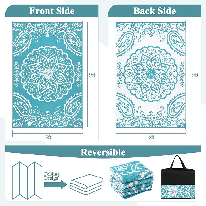 Pauwer Reversible Outdoor Rug, 6'x9', Waterproof Polypropylene Patio Mat, RV, Balcony, Deck, Beach, Picnic | Reversible Patio Rug, UV Resistant Indoor Outdoor RV Mat Carpet For Deck, Camper, Porch, Balcony, Backyard, Picnic, Foldable
