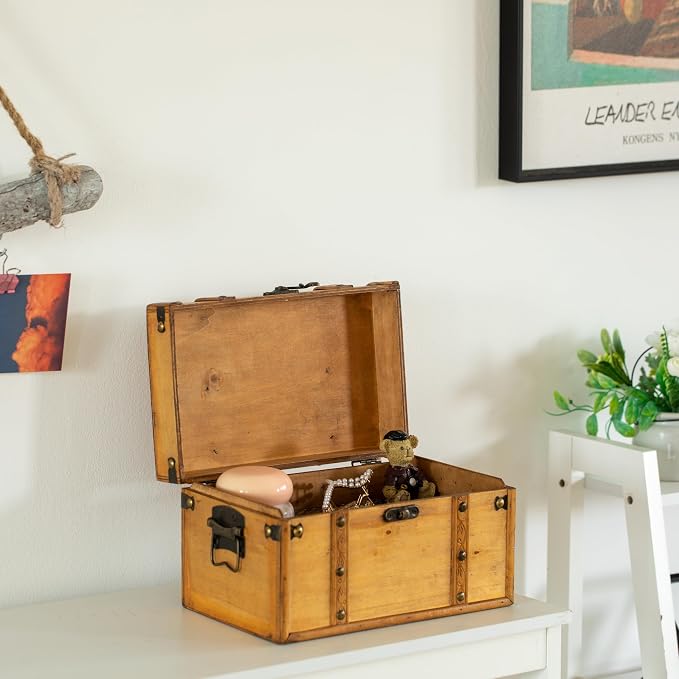 Vintiquewise Farmhouse Antique-Style Wood Treasure Chest with Leather Straps & Front Latch Decorative Storage Trunk for Trinkets Jewelry or Letters Rustic Accent for Home or Office Decor, Large
