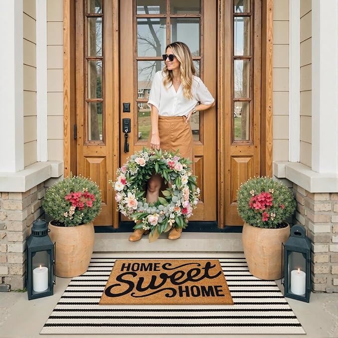 Collive Door Mat Black and White Striped Rug 27.5" x 43.3", Farmhouse Fall Front Porch Rug Reversible Washable Front Door Mats, Hand Woven Welcome Layered Doormat Carpet for Entryway Entrance