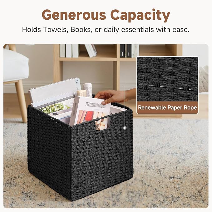 StorageWorks 13 inch Black Wicker Baskets for Storage,Foldable Black Basket | 2-Pack,Handwoven Wicker Storage Baskets for Organizing,Square Storage Cubes,Black Storage Bins,Paper Rope Square Baskets