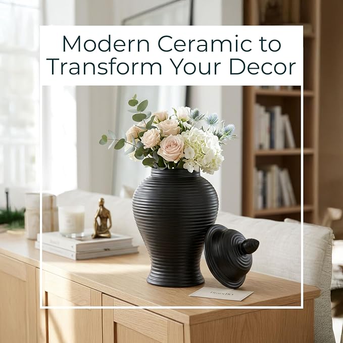 Ribbed Ceramic Temple Jar with Lid for Living Room Decor - Modern Flower Vase for Bedroom, House, or Office Display - Sculptural Home Accent for Kitchen Counter or Table Decor - 18", Black