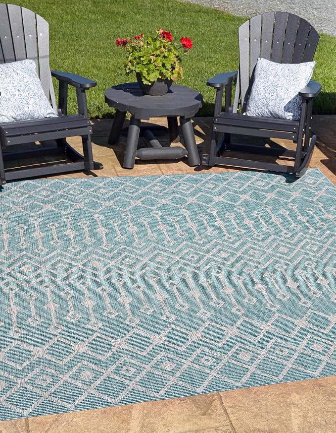 Unique Loom Outdoor Trellis Collection Area Rug - Tribal Trellis (5' 3" Square, Aqua/ Ivory)