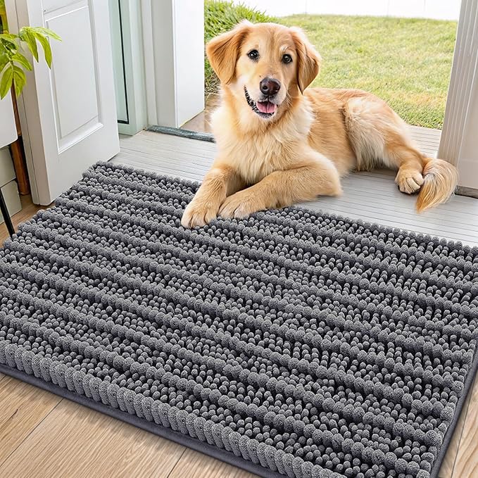 Smiry Dog Door Mat for Muddy Paws 34x21, Absorbent Dirt Trapper, Non-Slip Washable Chenille Entryway Rug for Inside Floor, Dark Grey, Layered Pattern