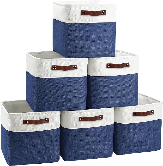 FinishingBo 11 inch Cube Storage Bin 6 Pack, Cube Organizer Bins | Fabric Storage Bins With Handles, 11x11 Storage Cubes, Shelf Basket, White/ Blue