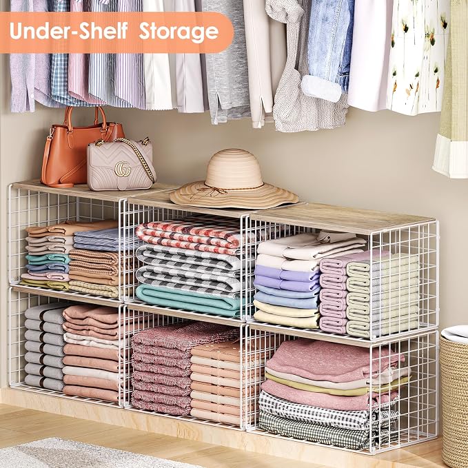 6 Pack Extra-Long Closet Organizers and Storage with Top Board, Stackable Closet Shelf Organizer, Double Storage Design, Clothes Storage Cube/Bin/Basket for Wardrobe, Space-Saving, White,Sturdy,Metal