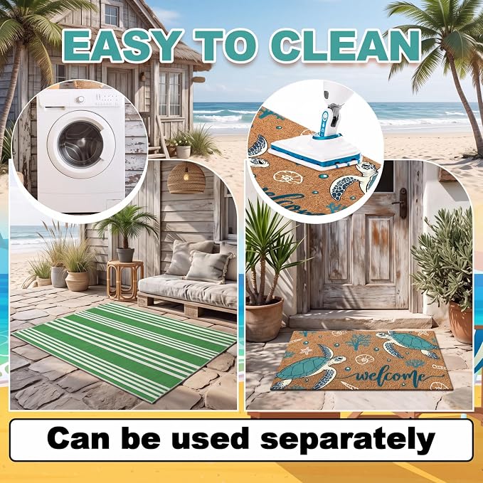 Moucuny 2 Pcs Summer Beach Coir Door Mat Coastal Sea Turtle Doormat 24'' x 35'' Green and White Striped Outdoor Rug 16'' x 28'' Ocean Beach Non Slip Seasonal Welcome Doormat for Porch Front Decor