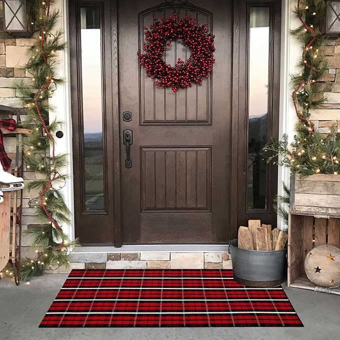 Bottalive Christmas Plaid Outdoor Rug, 2' x 4'3'' Red & Black Check Indoor/Outdoor Area Rug, Layering Rug for Hello/Welcome Door Mat, Machine Washable Cotton Woven Farmhouse Mat for Front Porch Décor