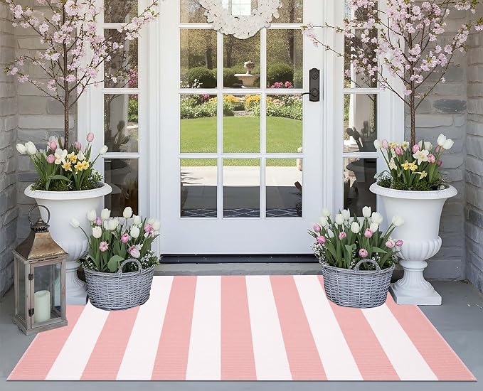 Front Door Mat 24"x51",Pink and White Striped Layered Doormat Cotton Woven Washable Indoor Outdoor Porch Rug Farmhouse Small Area Rug for Porch/Entryway/Home Entrance Decor