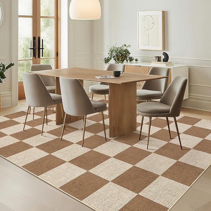 GarveeHome Checkered Easy Jute 5x7 Area Rugs for Living Room Machine Washable Non-Slip Backing Stain Resistant Modern Indoor Outdoor Rugs for Farmhouse Dining Room Patio Brown