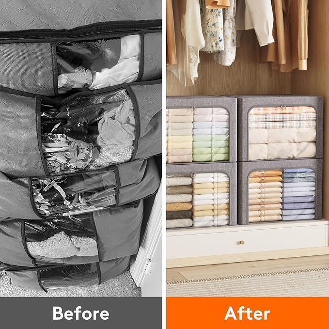 Lifewit Clothes Storage Bins with Metal Frame, Stackable Storage Box, Foldable Clothing Storage Bins with Lids, 100L Storage Bags Fabric Box Organizer with Clear Window＆ Zippers＆ Sturdy Handles 4 Pack