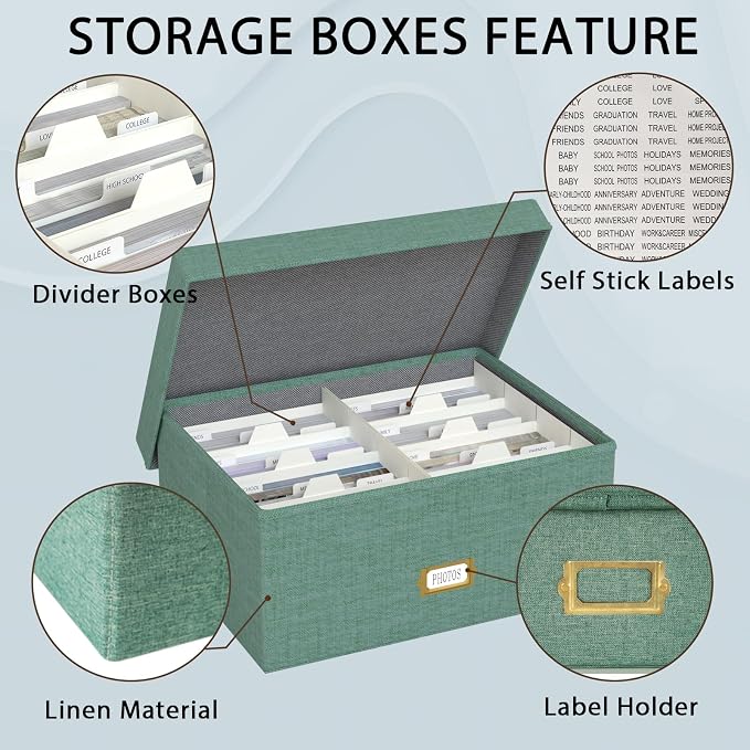 Decorative Photo Storage Box, Linen Photo Box Holds 1700 5x7 Pictures Green | Photo Storage Containers with 8 Dividers, Memory Keepsake Organizer for Photos, Scrapbook Supplies, Cards, Stamps,Archive Box