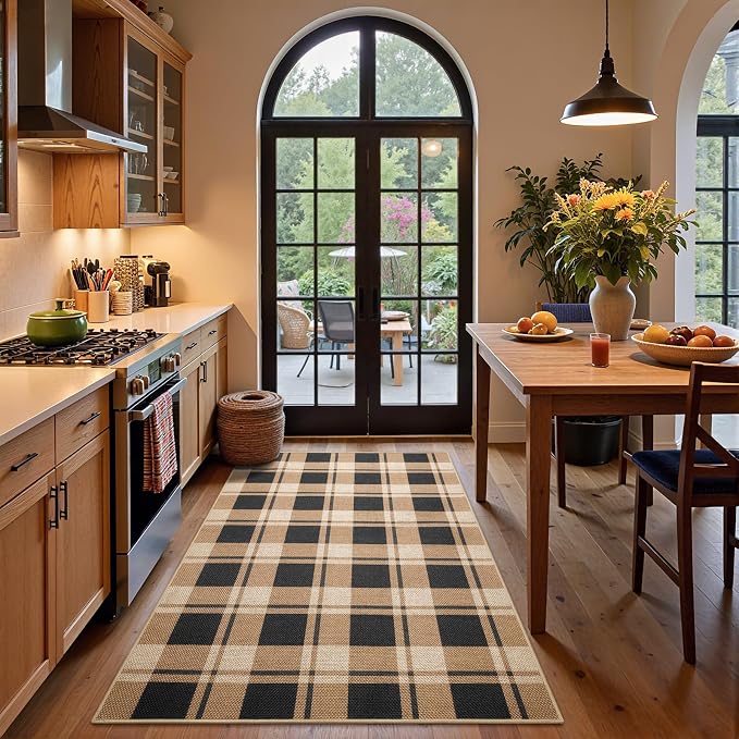 AROGAN Plaid Jute Rug 3x5, Washable Indoor Outdoor Rug, Black and Brown Checkered Farmhouse Rug, Non-Slip Low Pile Carpet for Patio, Living Room, Kitchen, Entryway