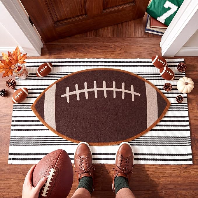 Moucuny 2 Pcs Football Coir Doormat Outdoor 16'' x 28'' Rugby Ball Welcome Outdoor Mats Layered 24'' x 35'' Black White Striped Rugs for Front Door Porch Entryway Decor for Game Day, Home Gym