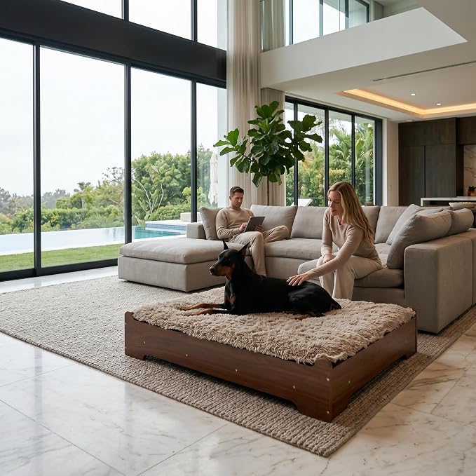 Elevated Wooden Dog Bed with Foam Mattress, Walnut, Large | Raised Dog Bed with Washable Cover and Supportive Foam Mattress, Crafted for Large Dogs and Modern Homes