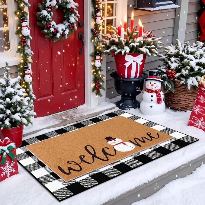 Tinideya 2 Pcs Winter Door Mat Snowman Welcome Non Slip Coir Mats Snow Black White Buffalo Plaid Floor Layering Doormats Seasonal for Front Porch Entryway Decor(Snowman)