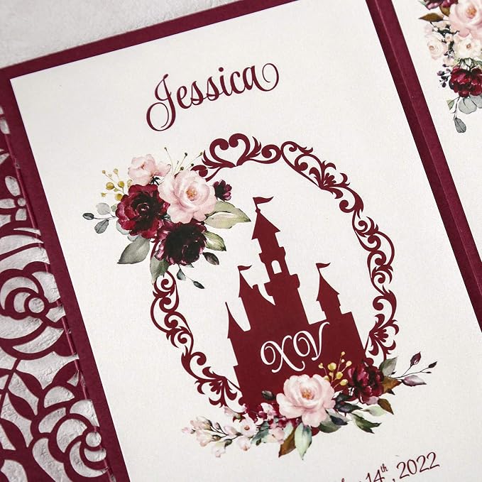 Burgundy 4.7x7 inch 50PCS Blank Quinceanera Invitations Kit