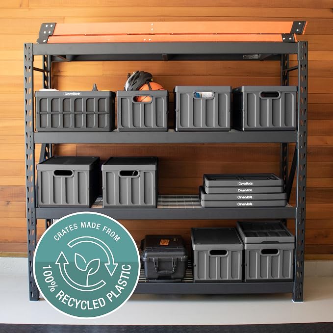 CleverMade Collapsible Storage Bins with Lids, 62L, 3 Pack, Obsidian | Large-capacity bins support 100 lb and stack securely. The lid stores underneath, and each crate folds to 2.5 inches.