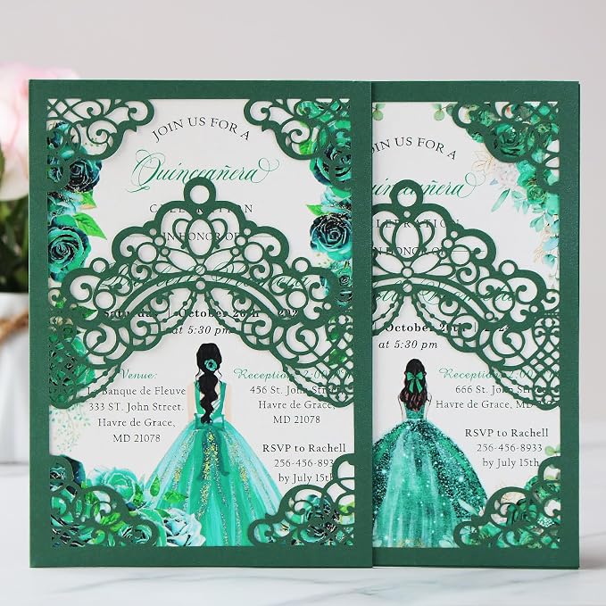 Hosmsua 50PCS Personalized Emerald Green Quinceanera Invitations Kit, 5.1x7.3 Inch Laser Cut Floral Crown Pocket Quinceanera Invitation Cards with Envelopes for Birthday Quince Anos Invite