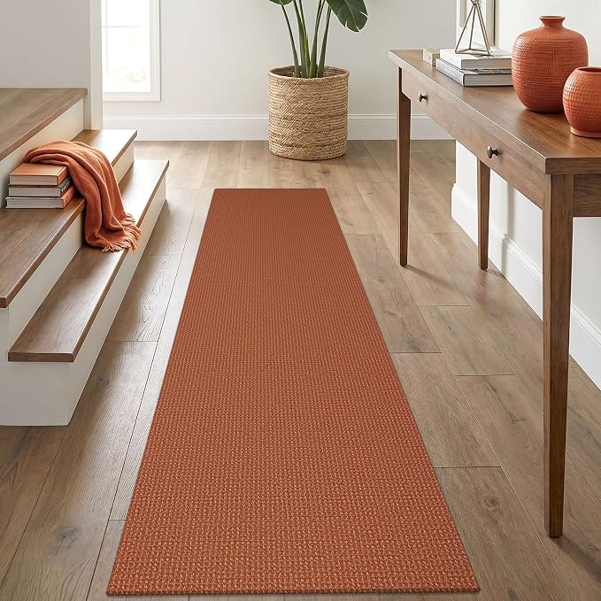 IOHOUZE Washable Runner Rug 2x8 Non Slip Rubber Backed Hallway Runner Entryway Runner Indoor, Kitchen Rugs Woven Cotton Floor Carpet for Kitchen Hall Entrance Bedroom, Burnt Orange/Tan