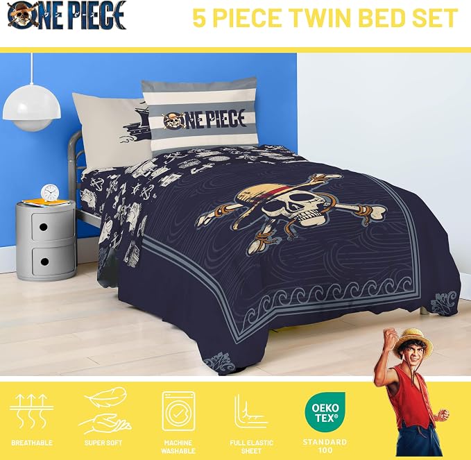 One Piece Luffy Twin Comforter Set 5 Piece Soft Anime Bedding, Blue | Bed in a Bag, Comforter Sheets Sham Pillowcase, Official Product, Soft Microfiber, Machine Washable, Kids Gift