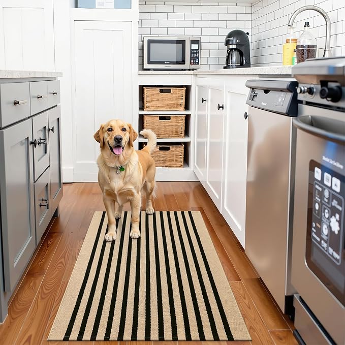 OLANLY Brown and Black Striped Rug 2' x 4'3" (24" x 51") – Washable Cotton Doormat for Indoor Outdoor Use, Layered Front Porch Rug for Entryway, Kitchen, Patio