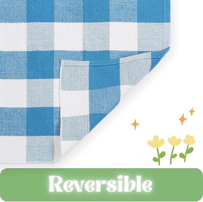 Ckorzen Blue and White Plaid Rug, 4' x 6' Spring Outdoor Front Porch Door Decor Mat, Washable Cotton Woven Farmhouse Area Rug for Layered Door Mats Carpet, Entryway, Easter Décor