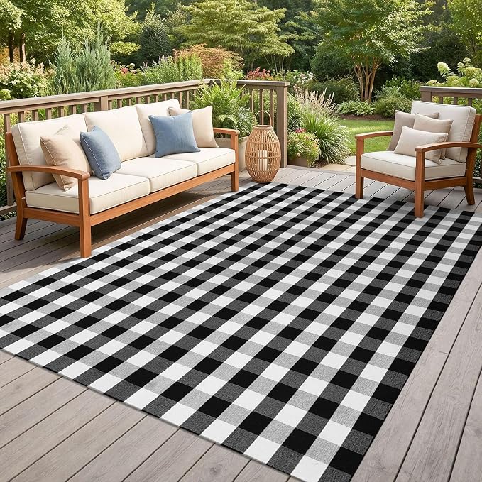 KILOCOCO Buffalo Plaid Checkered Rug 7.5x10 ft Black White Living Room Rug | Machine Washable Rug for Porch Patio, Indoor Outdoor Rugs, Cotton Dining Room Carpet, Low Pile Farmhouse Bedroom Rug