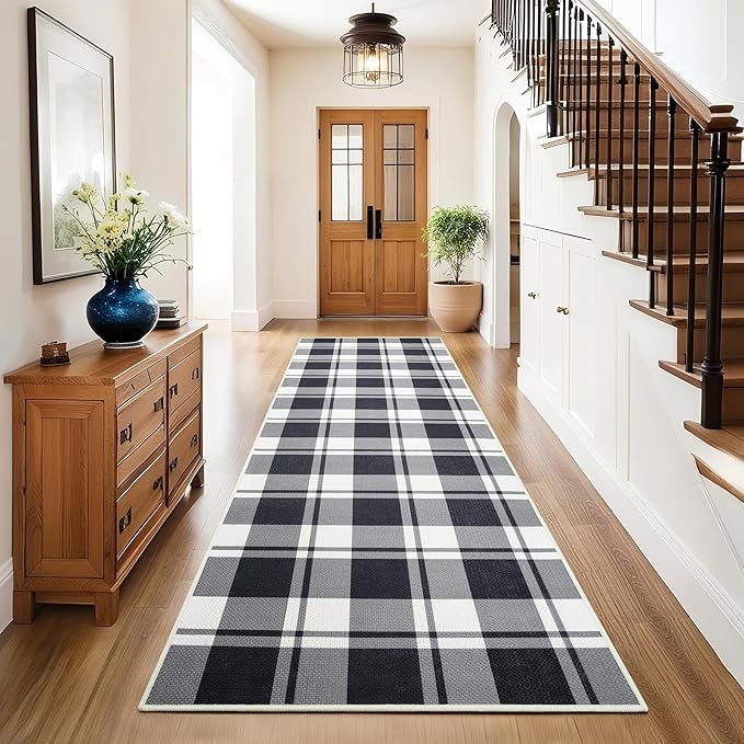 AROGAN Checkered Jute Runner Rug for Hallway, 2x6 Kitchen Runner Washable Rugs Carpet, Long Farmhouse Design Geometric Rugs for Entryway Indoor Laundry Welcome Mat 6 Ft Entry, Black and White