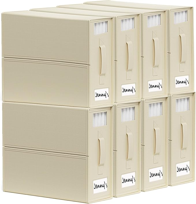 SheetCube Bed Sheet Organizers and Storage 8 Pack, Foldable Linen Closet Organizer with Window and Label, Bedding Folder Storage Box Container for Blanket, Duvet Cover Set, Bed Sheet Set - Beige