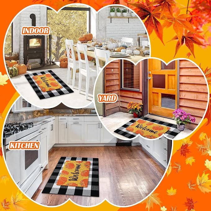 Geelin 2 Pcs Fall Front Door Mat Welcome Mat Outdoor Decorative Doormat Non Slip Buffalo Checkered Rug for Indoor Outdoor(Welcome Pumpkin)
