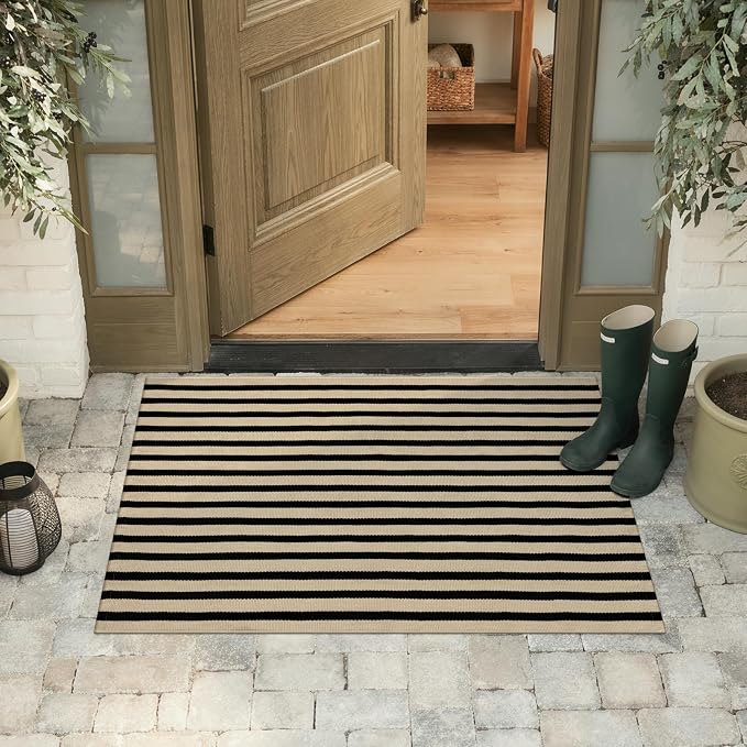 KIMODE Striped Outdoor Rug 27.5x43 Inches, Machine Washable Fall Front Porch Rug, Black and Khaki Front Door Mats, Hand Woven Welcome Layered Doormat Entryway Rug for Entrance, Doorway