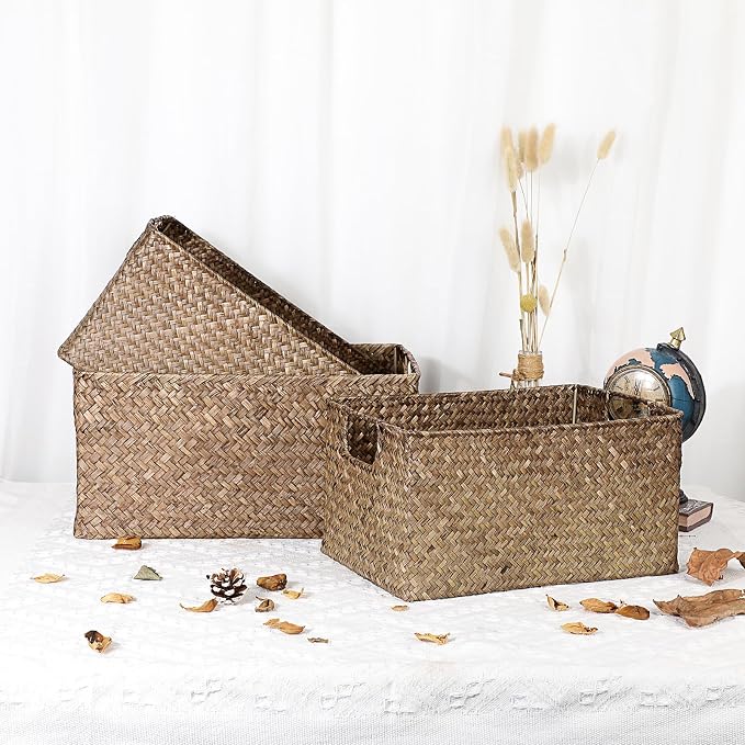 Hipiwe Wicker Storage Bin Handwoven Opened Baskets for Shelf Organizing | Rectangular Decorative Basket, Seagrass Closet Bedroom Organizer Bin Box Multipurpose Storage Basket with Handle