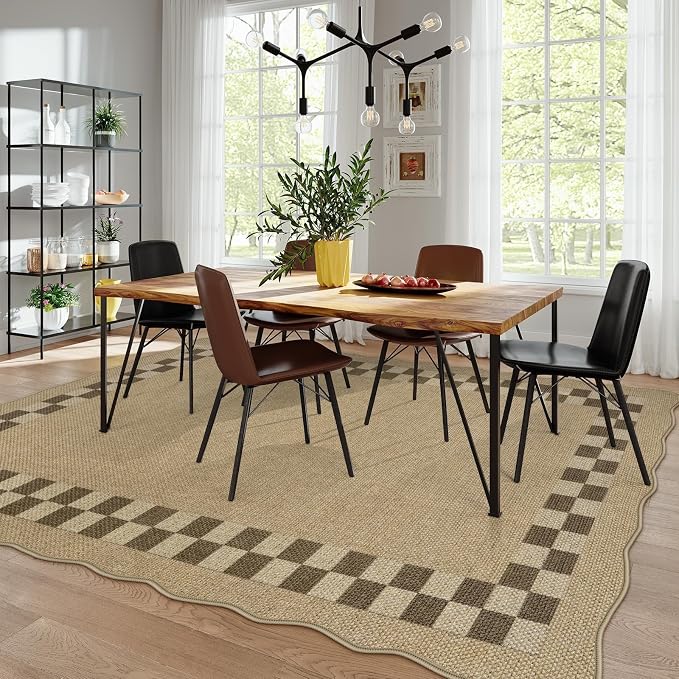LIVEBOX Scalloped Easy Jute Checkered 8x10 Outdoor Rug, Washable Farmhouse Tan Rugs for Living Room Bedroom, Geometric Indoor Outdoor Non Slip Rug Dining Room Mat Carpet for Patio Backyard Home Decor