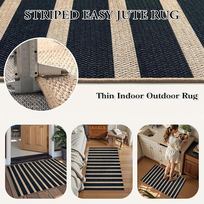 Lahome Striped Easy Jute Front Door Mat, 2x3 Kitchen Outdoor Rug Washable | Indoor Entryway Rugs Black, Modern Farmhouse Neutral Non Slip Non Shedding Small Carpet for Entry Welcome Entrance Foyer