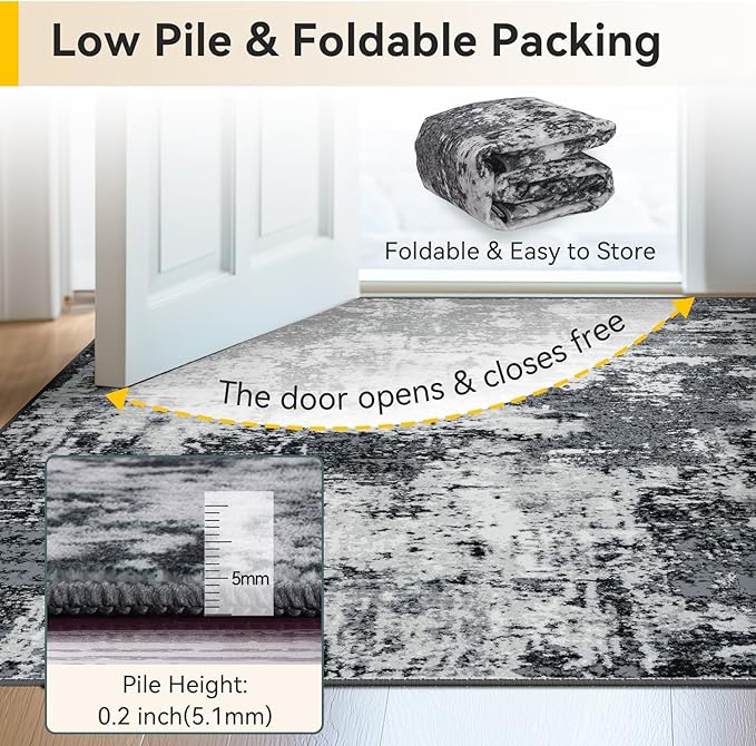 Washable Area Rugs Square 10ft Non-Slip Modern Abstract Soft for Living Room Entryway Bedroom Nursery, Print Pattern, Black Navy Blue Gray