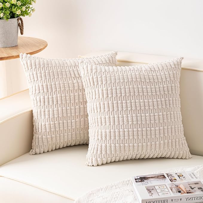 Pack of 2 Corduroy Decorative Throw Pillow Covers 18x18 Inch Soft Striped Pillow Covers Modern Farmhouse Home Decor for Sofa Living Room Couch Bed(Cream White)