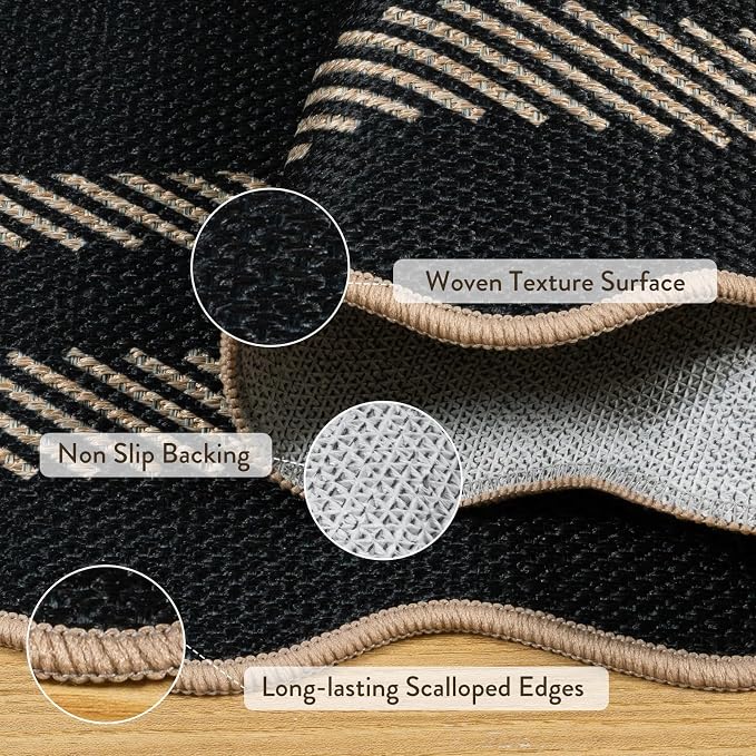 LIVEBOX Scalloped Easy Jute Kitchen Runner Rug, 2x6 Hallway Runner Black Rugs for Entryway, Indoor Outdoor Washable Non Slip Rug Farmhouse Modern Carpet Door Mat for Porch Bedroom Laundry 6ft Entry