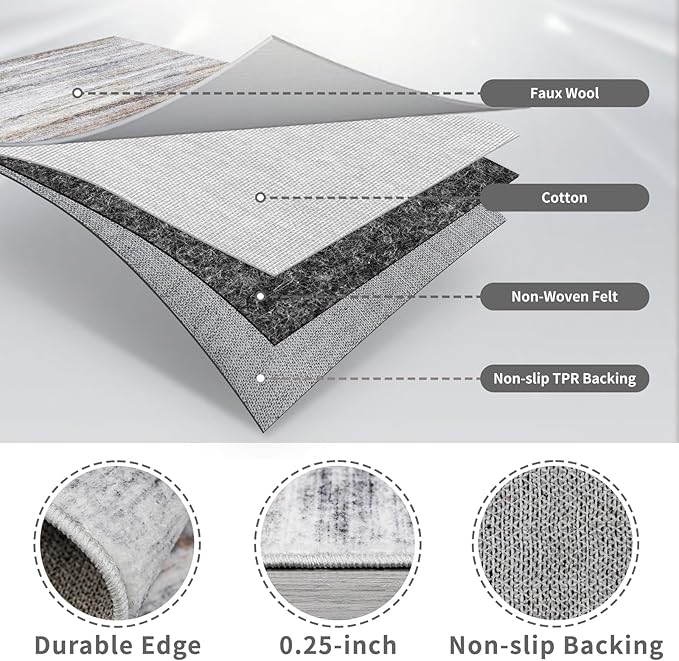 3x8 Washable Runner Rug for Family: Easy-to-Clean Runners for Hallway Entryway Kitchen Bedroom - Stain and Water Resistant Rugs with Non-Slip Backing - Soft Low-Pile Carpet Beige Grey
