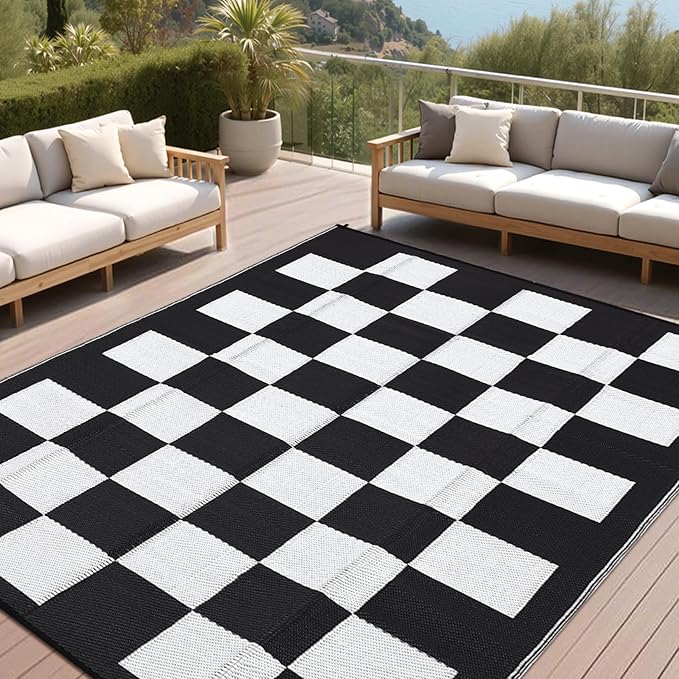 GarveeHome Outdoor Rug 8 x 10 Waterproof Checkboard Woven Carpet, Large Reversible Plastic Straw Rug, Foldable Modern Geometric Plaid Outside Camping Rug for Picnic, Backyard, Deck, Black White
