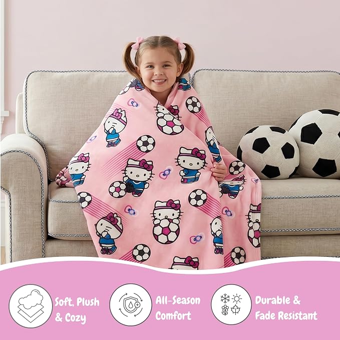Hello Kitty Kids Soccer Blanket, 90 in x 62 in, Soft Plush Throw for Couch, Bed, or Sporting Events, 2026 World Tournament (Officially Licensed Product) by Franco
