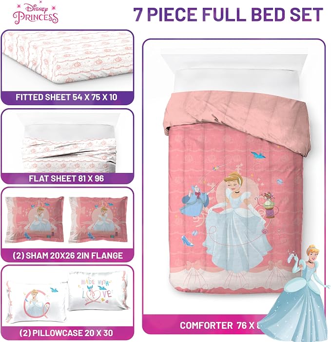 Disney Princess Full Size Comforter Set 7 Piece Kids Bedding, Pink | Cinderella, Bed in a Bag, Comforter Sheets Shams Pillowcases, Official Brand, Soft Microfiber, Machine Washable, Girls Gift