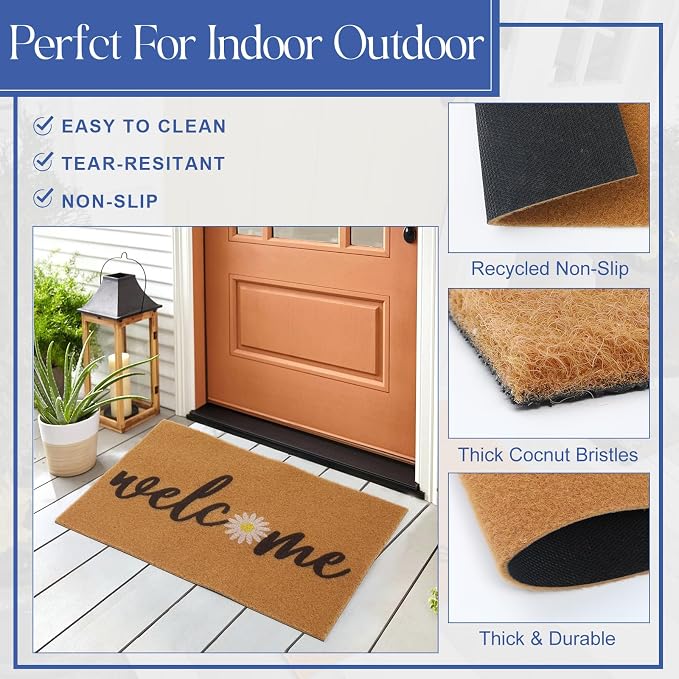2 Pcs Outdoor Door Mat Combo Set Layered Outdoor Rug and Coir Welcome Doormat Non Slip Outside Floor Mat for Front Porch Entryway Patio Yard Decor(Blue Daisy,24'' X 35'',24'' X 16'')