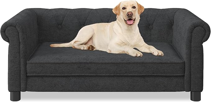 38.9" Upholstery Elevated Dog Sofa with Button‑Tufted Backrest & Rolled Armrests, Pet Couch Bed with Removable Soft Cushion, Comfy Modern Deep Seat Raised Dog Bed for Living Room, Bedroom, Black