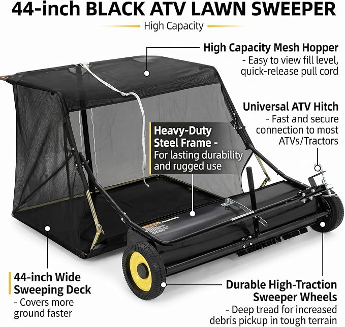 44" Tow Behind Lawn Sweeper for Riding Mower, 12 Cu ft Large Capacity Grass and Leaf Collector, Adjustable Brush Height Yard Sweeper with Dump Rope, Heavy Duty Yard Leaf Collector for Lawn