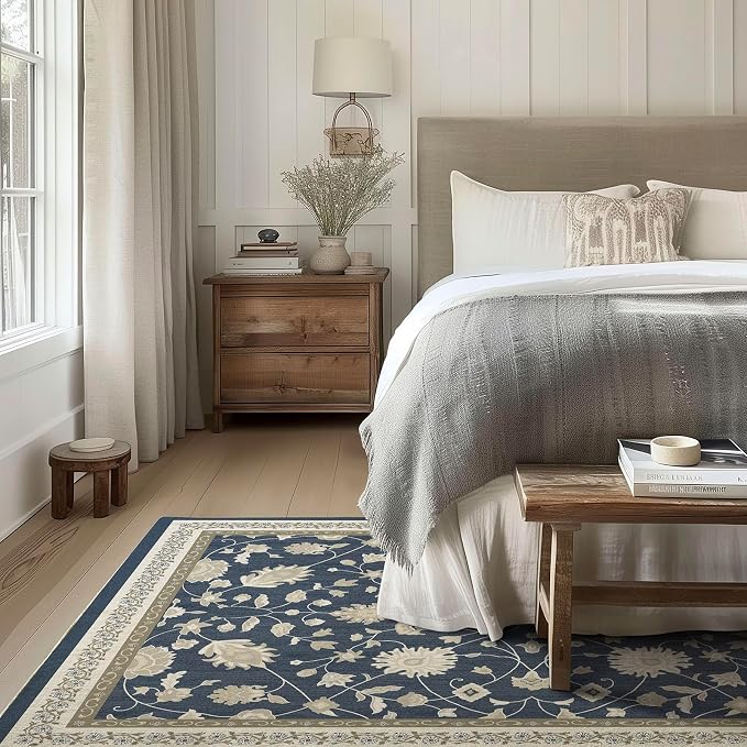 EVERGRACE Area Rugs for Living Room 5x7, Boho Floral Faux Wool Indoor Outdoor Rugs, Washable Rugs for Bedroom Dining Room Entryway Kitchen, Low Pile Floor Mat Carpet for Home Decor, Navy Blue