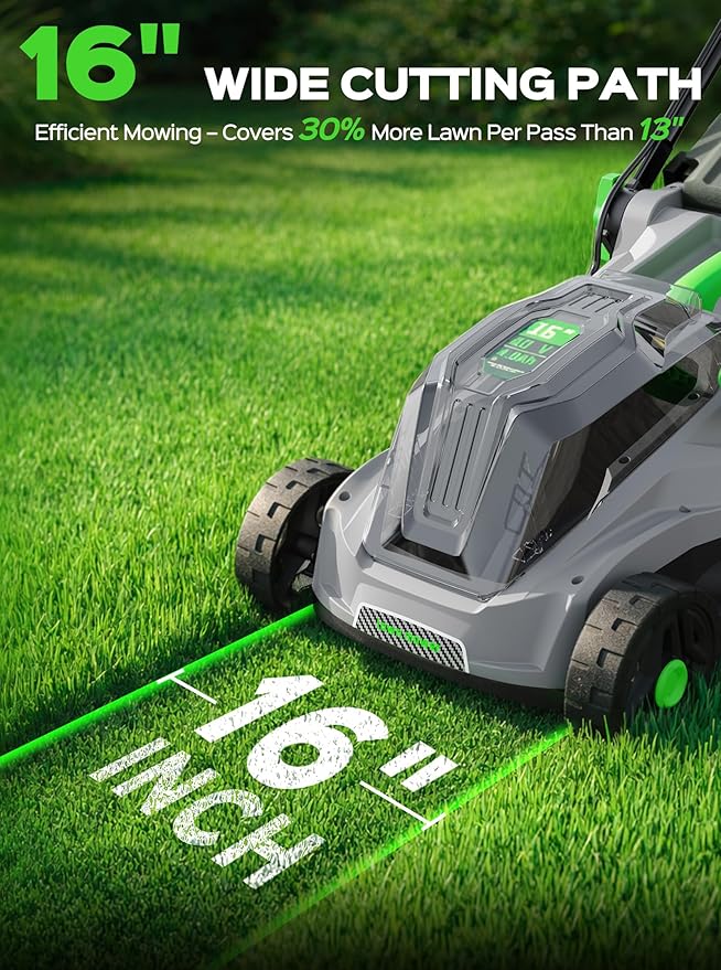 TIECTOWN 40V 16-Inch Brushless Cordless Lawn Mower with 4.0Ah Battery & Charger, 2-in-1 Electric Push Mower, 5-Position Height Adjustment, Lightweight, Compact Storage, for Small Yards - Green | Brushless Motor, 5-Position Height Adjustment, Battery Po...