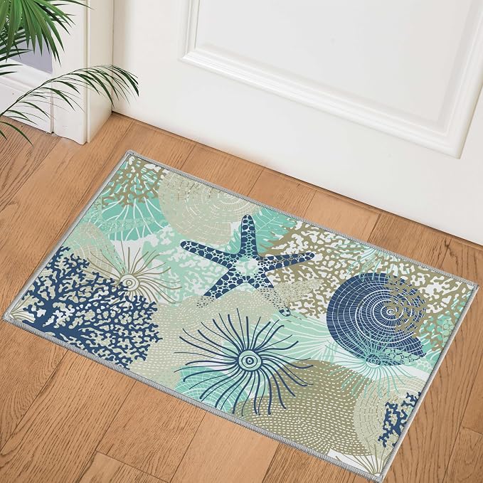 Tritard Coastal Area Rug 2x3 - Small Machine Washable Foldable Throw Rugs Non-Slip Beach Ocean Entryway Doormat Indoor Entrance Carpet for Kitchen Bathroom Laundry Bedroom Living Room, Navy