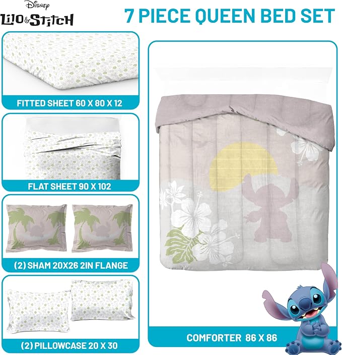 Disney Lilo and Stitch Queen Comforter Set 7 Piece Cartoon Bedding, Beige | Bed in a Bag, Comforter Sheets Shams Pillowcases, Official Product, Soft Microfiber, Machine Washable, Girls Gift