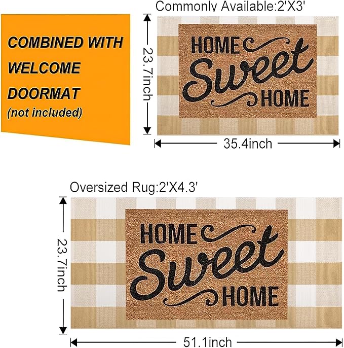 Khaki and White Outdoor Rug 24''x 51''Checkered Front Porch Mat Cotton Woven Washable Rugs Front Door Mat for Hello/Welcome Mat Entryway,Bedroom,Farmhouse Patio
